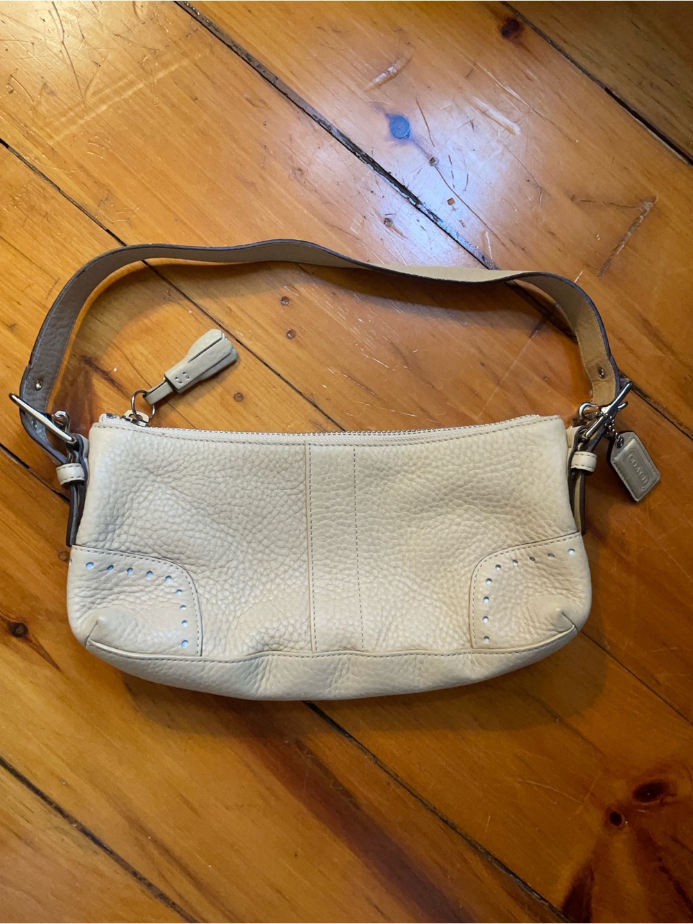 Coach Pebbled Leather Shoulder Bag in Cream with Tan Strap